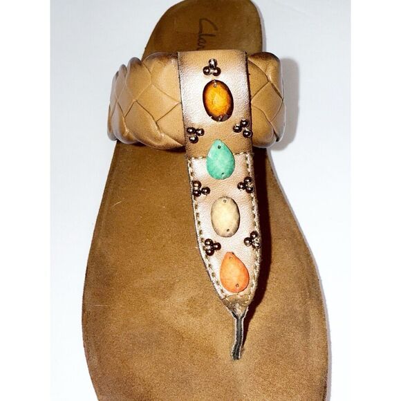 Clarks Thong Sandals Brown Vegan Leather Jewels Boho Western Aztec Coral Braid 8 - Picture 16 of 16
